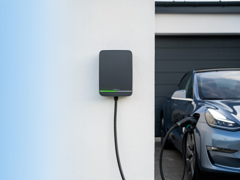 Delta AC MAX Basic 22 kW im Test – zuverlässige Wallbox mit Top Preis-Leistung Delta AC MAX Basic 22 kW Wallbox in moderner Garage montiert mit Ladekabel