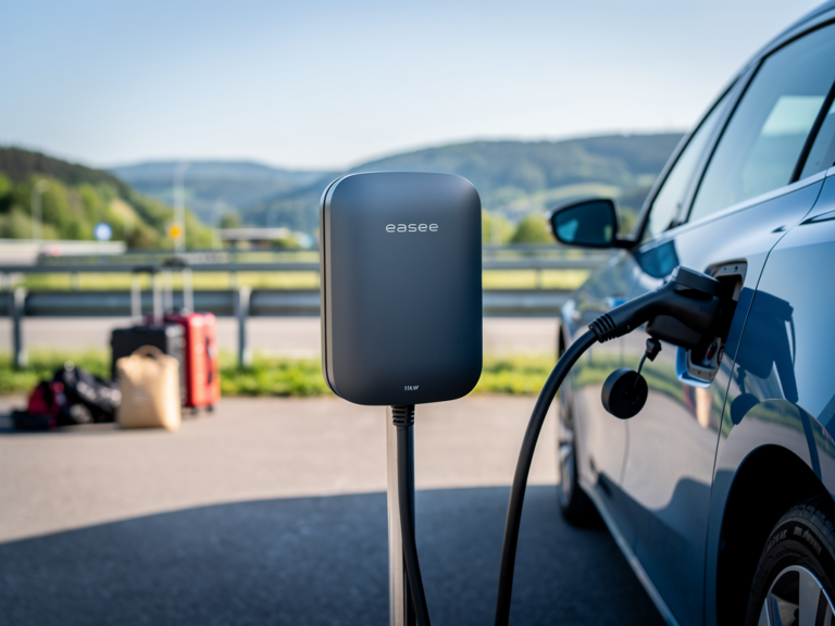 Easee Charge Lite 11kW mobile Wallbox beim Laden eines Elektroautos unterwegs