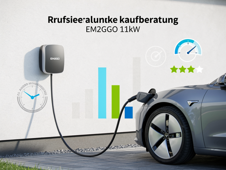 Praktische Kaufberatung zur EM2GO AC Wallbox 11kW Test mit ADAC Testergebnissen EM2GO AC Wallbox 11kW an der Wand mit Ladekabel und ADAC Testergebnis