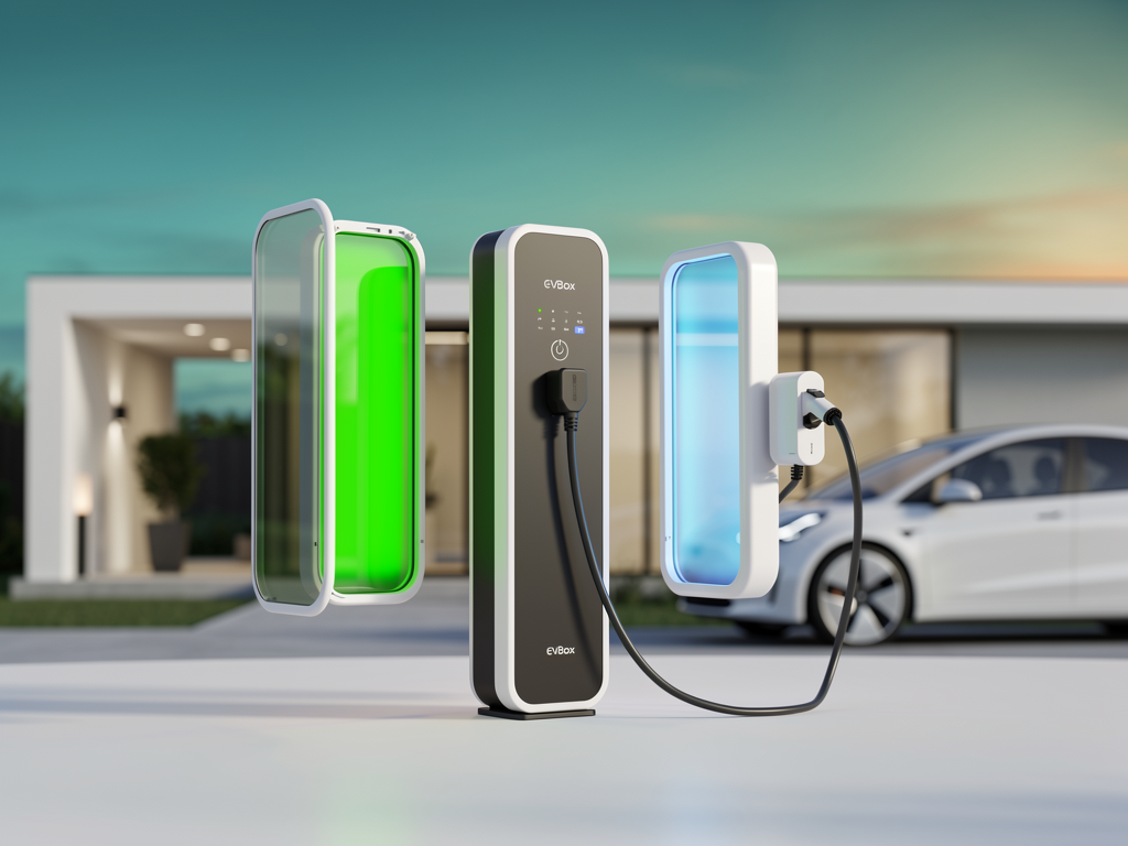 EVBox Elvi Mobile Charger modulare Wallbox an Hauswand montiert mit Ladekabel