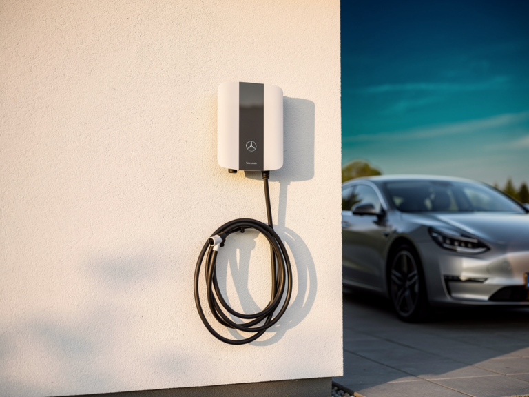 Mercedes Wallbox 11kW Test wie sie in Alltag und Komfort überzeugt Mercedes Wallbox 11kW in moderner Garage zeigt elegantes Design und einfache Bedienung