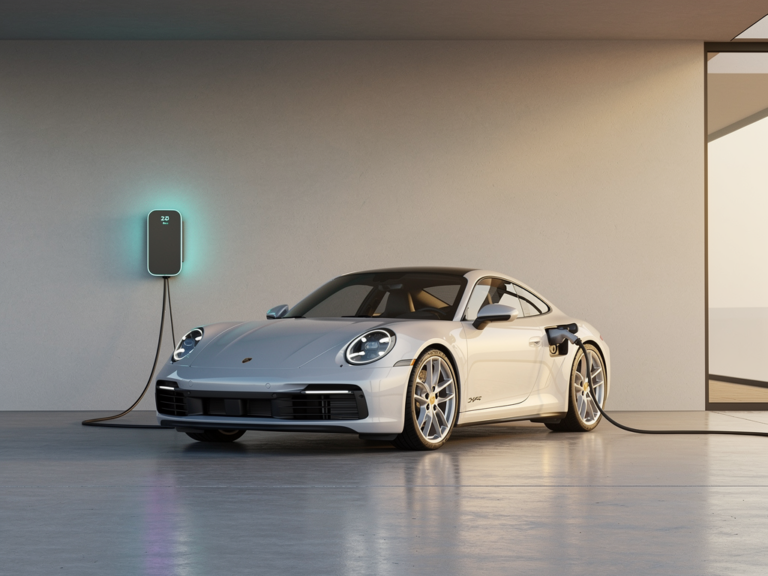 Porsche Charging Connect 22kW Wallbox beim Laden eines Porsche Taycan zu Hause