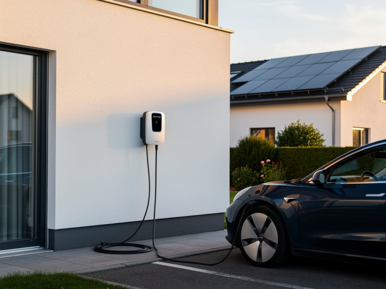 Ratio Electric Solar Box 11kW Test im Alltag überzeugend oder enttäuschend Ratio Electric Solar Box 11kW Ladestation an Hauswand montiert mit Solarpanel im Hintergrund