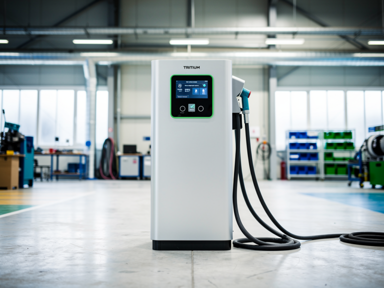Tritium RT50 11 kW DC-Ladestation im industriellen Einsatz mit flüssigkeitsgekühltem System
