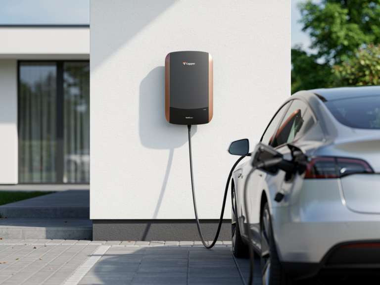 Wallbox Copper SB 22kW Ladegerät an Hauswand mit E-Auto im Alltagstest