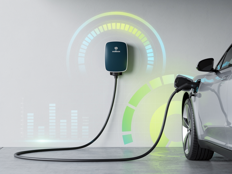 Wallbox Pulsar Max 22kW Test mit praxisnahen Erkenntnissen zum Laden Wallbox Pulsar Max 22kW Ladegerät an Hauswand mit Elektroauto im Ladebetrieb