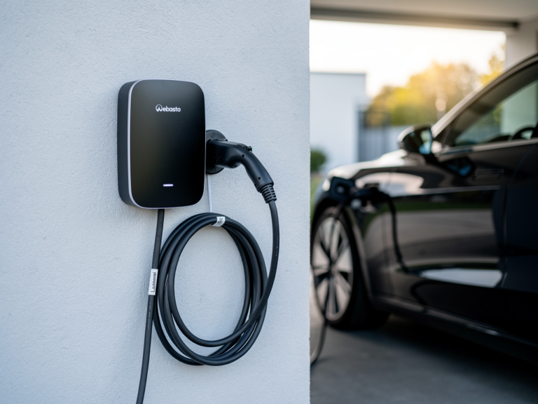 Praktische Einblicke und echte Webasto Pure II Black Edition 22kW Erfahrungen Webasto Pure II Black Edition 22kW Wallbox mit Kabelmanagement und schwarzem Design
